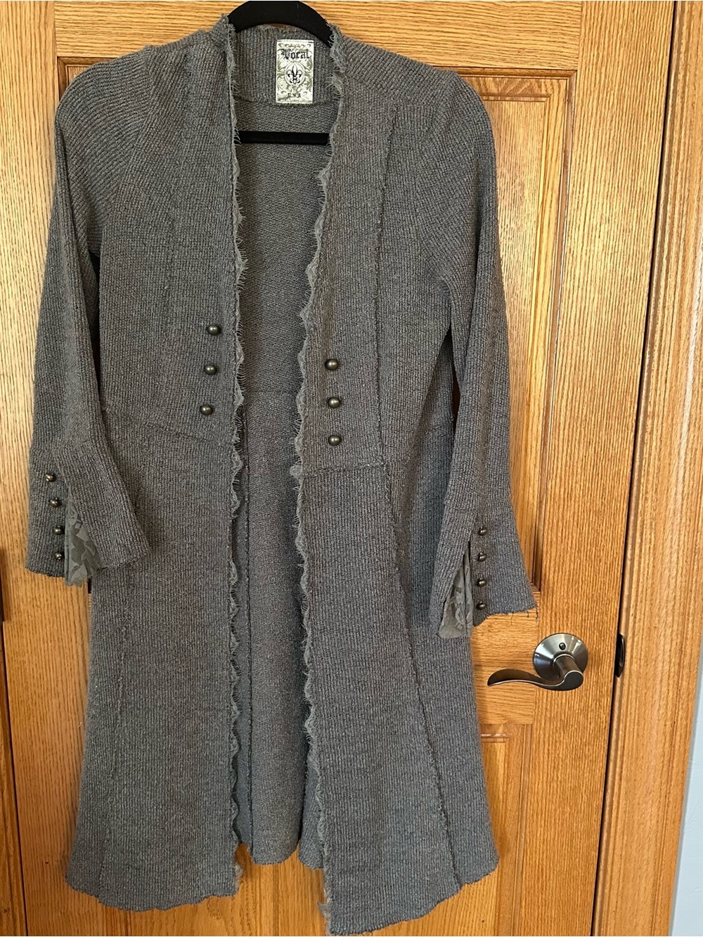 VOCAL Gray Boho Waffle Knit Duster Cardigan with Lace Bell Sleeve. Size Small